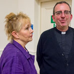 Oxford Ceramics Fair 2015, Richard Coles who gave a talk about, amongst other things his love of ceramics, with Jude Jelfs